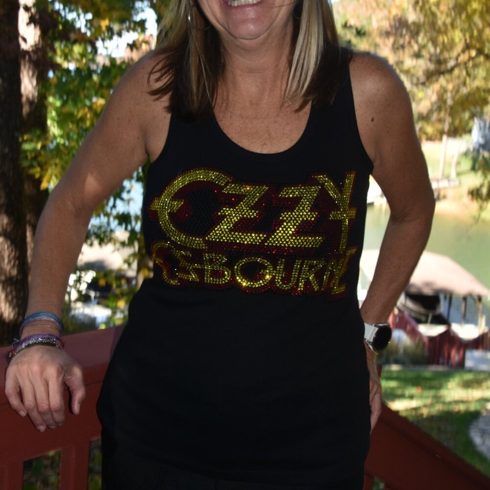 Black Tank Top with Gold and Red Rhinestone Logo